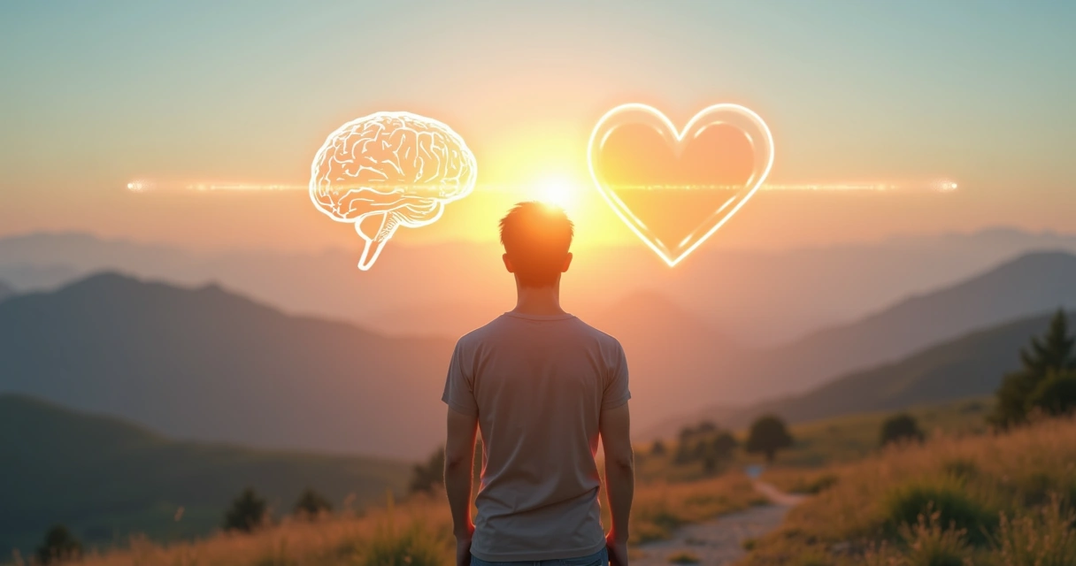 Persona mirando el horizonte con símbolos de mente y propósito integrados 