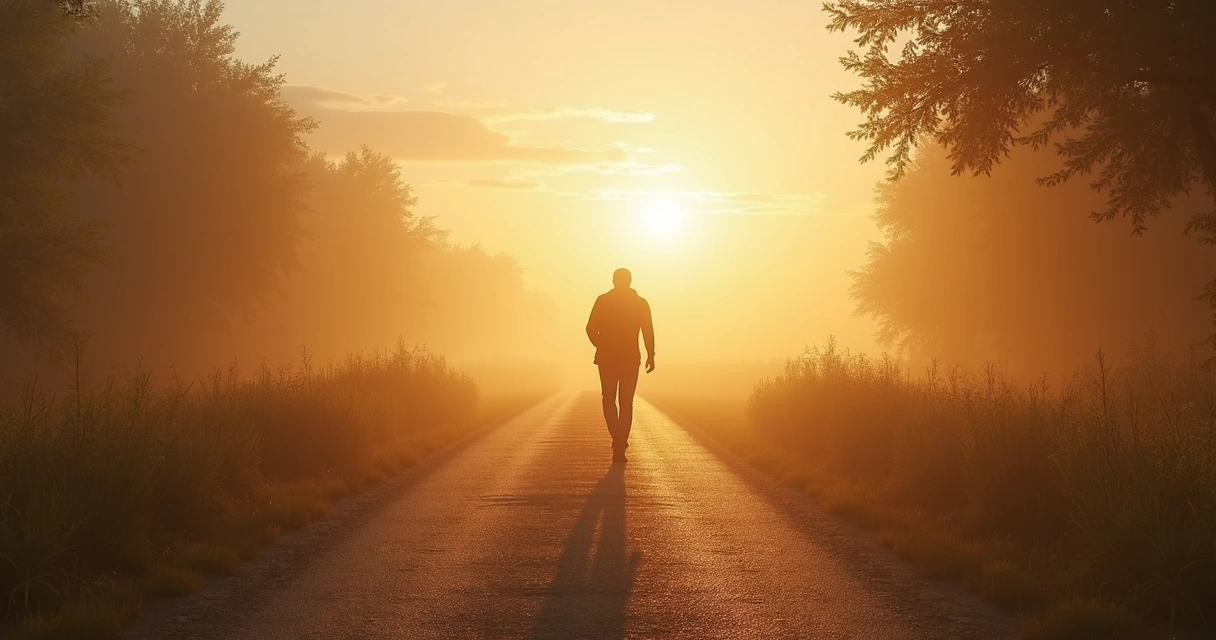 Pessoa caminhando rumo à luz em cenário tranquilo 