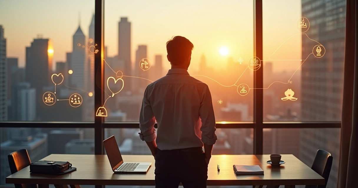 Profissional em escritório moderno observando horizonte urbano ao pôr do sol com símbolos de propósito e carreira alinhados 