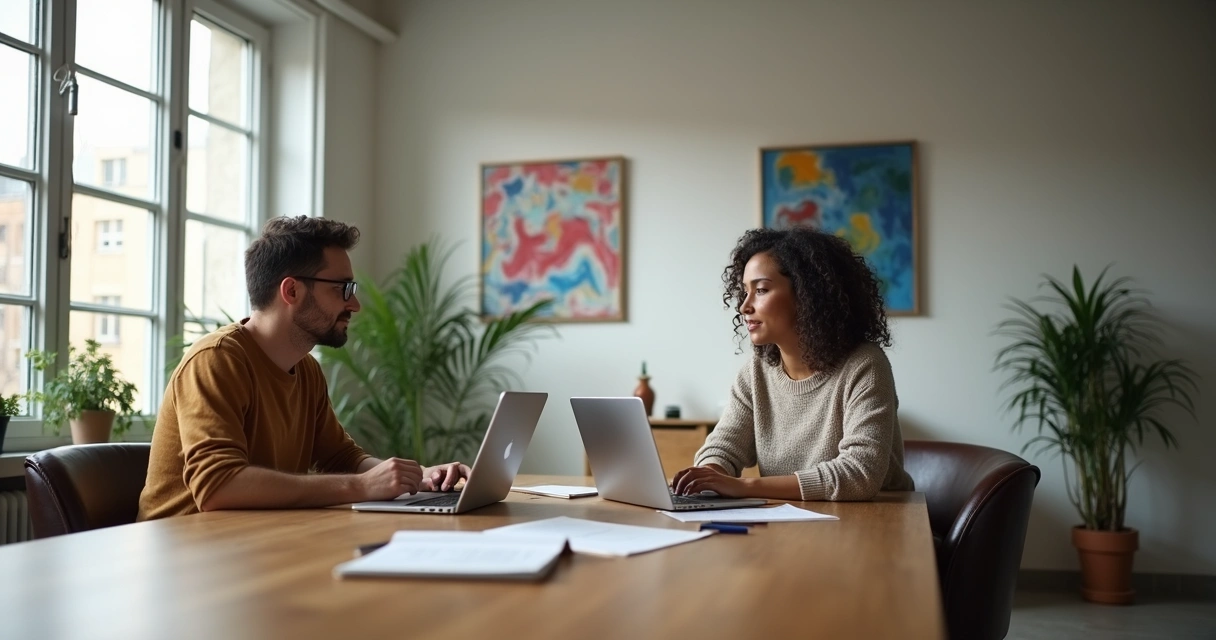 Dupla conversando sobre futuro profissional em mesa de trabalho 