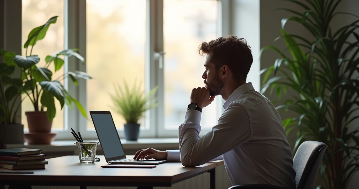 Pessoa sentada em mesa de trabalho olhando janela, expressão reflexiva, luz natural 