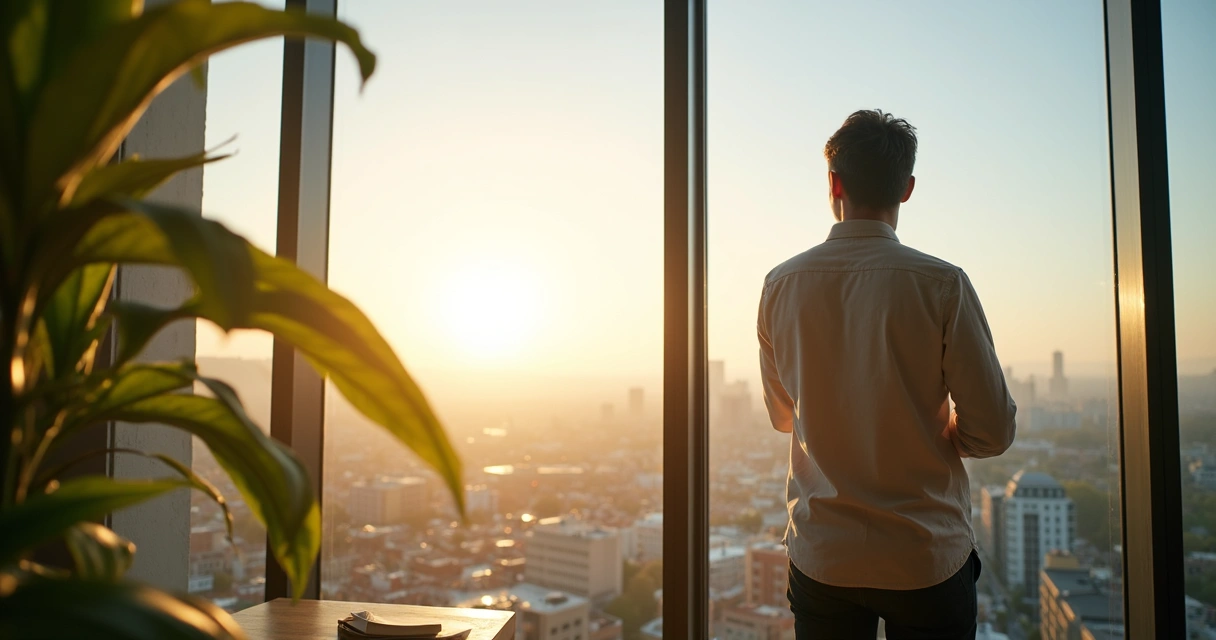 Pessoa olhando horizonte em escritório moderno, com luz do sol e plantas, expressão de contemplação 