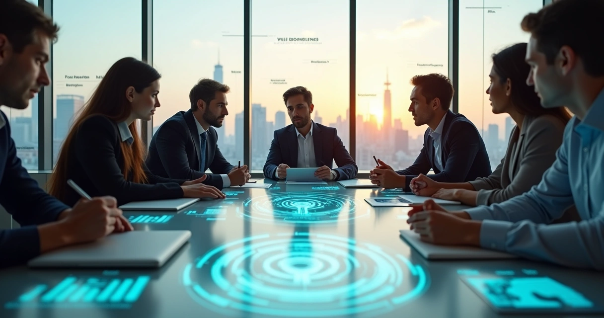 Equipe em reunião estratégica conectando propósito coletivo e decisões de negócios 