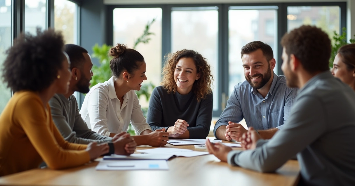 Equipe reunida ao redor de uma mesa em ambiente moderno, colaborando e sorrindo. 