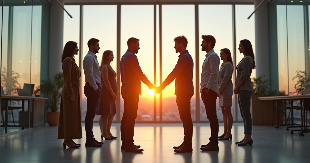 Equipe unida em círculo com luz ao centro representando propósito coletivo 