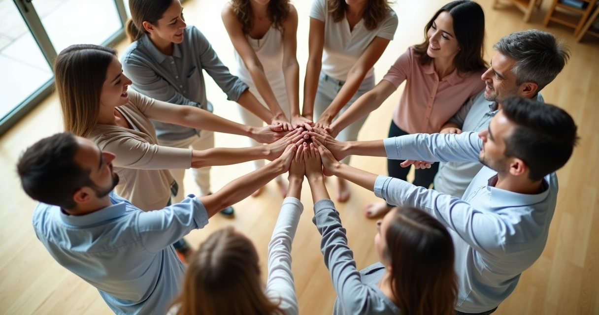 Grupo diverso de pessoas em círculo unindo as mãos no centro 