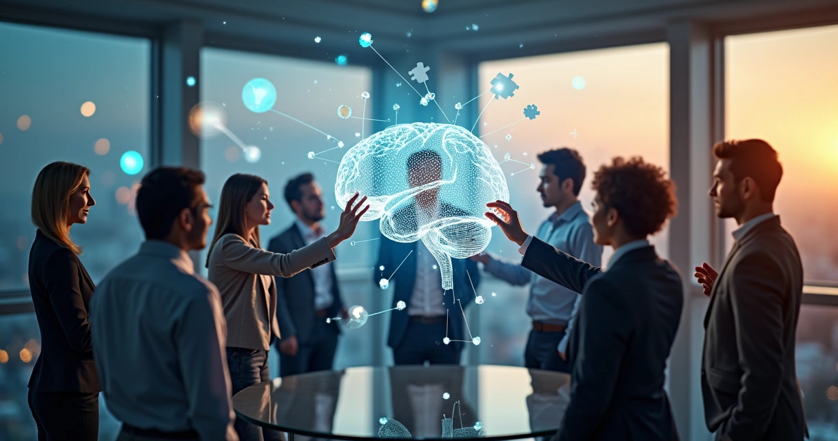 Equipe diversa conectando peças de um cérebro luminoso em formato de rede 
