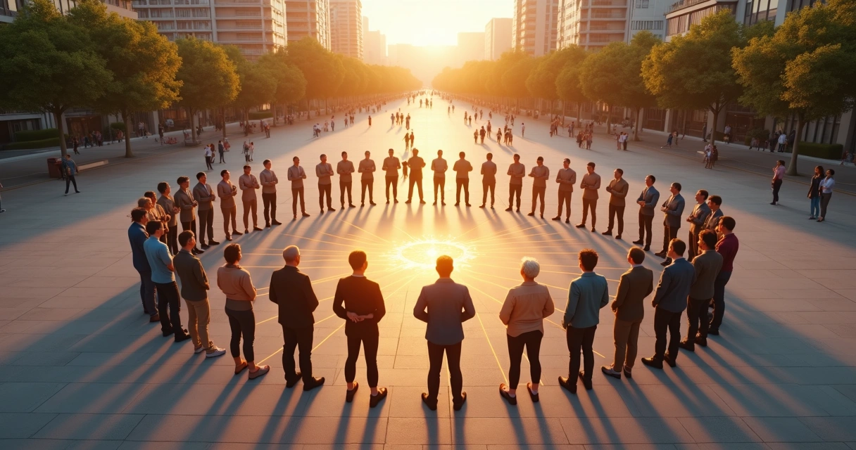 Grupo diverso de pessoas em círculo vistas de cima com luz conectando seus peitos 