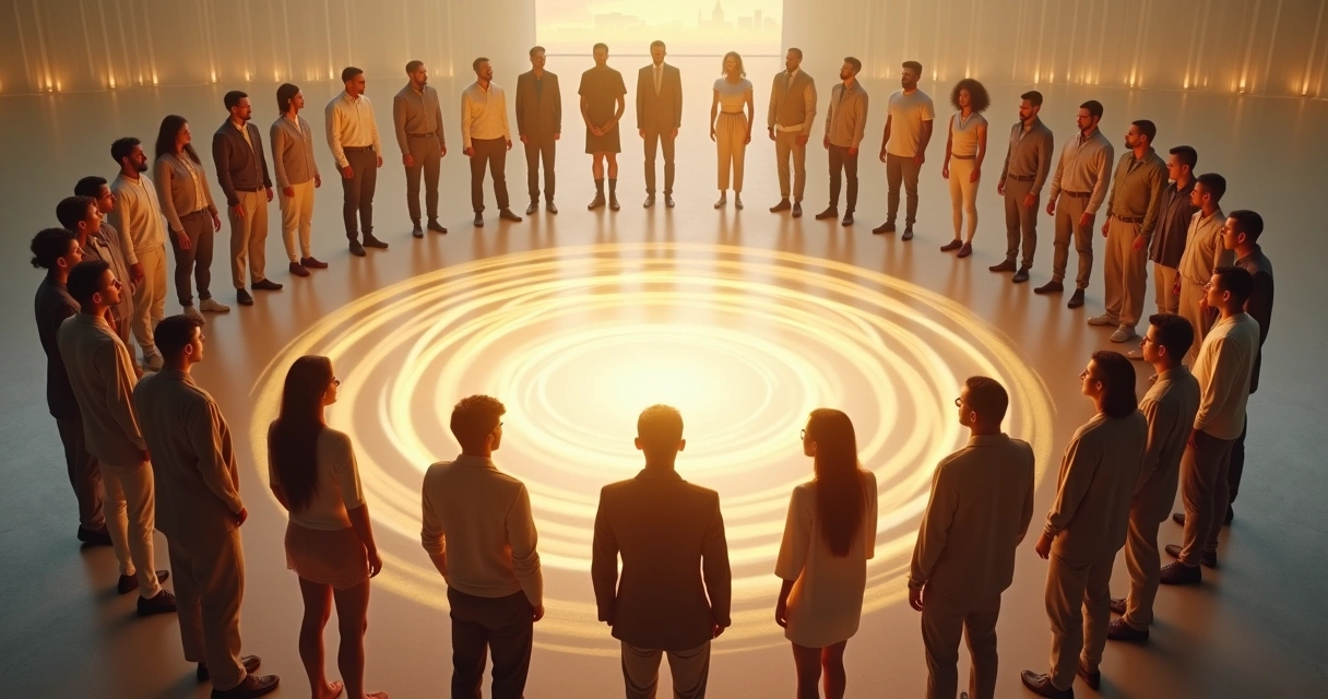 Grupo diverso em círculo com luz central simbolizando propósito coletivo 
