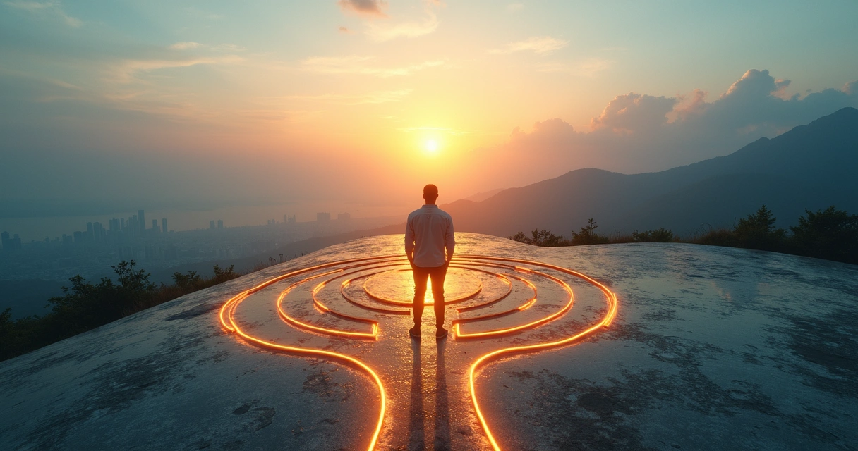 Pessoa em pé em uma encruzilhada com caminho em forma de labirinto dentro da silhueta da própria cabeça 