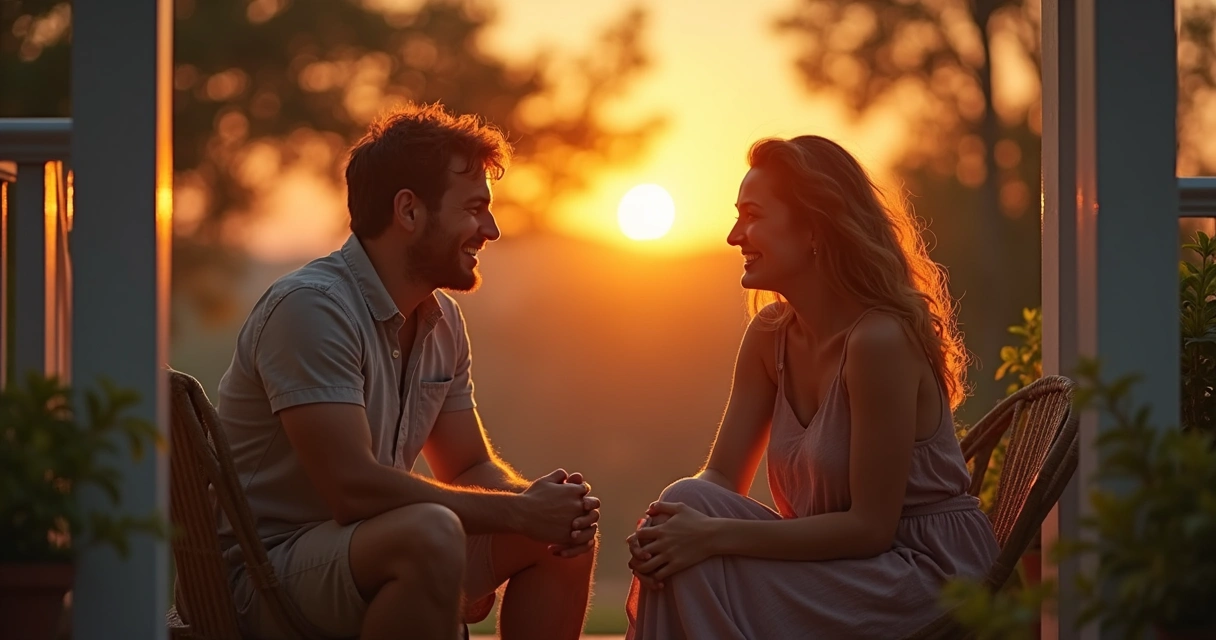 Duas pessoas sentadas em uma varanda conversando ao pôr do sol 