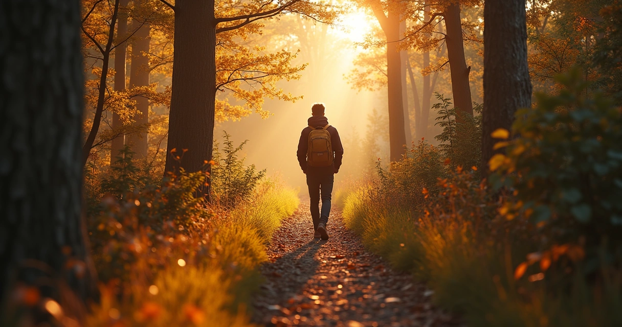 Pessoa subindo uma trilha em um bosque iluminado por luz natural 