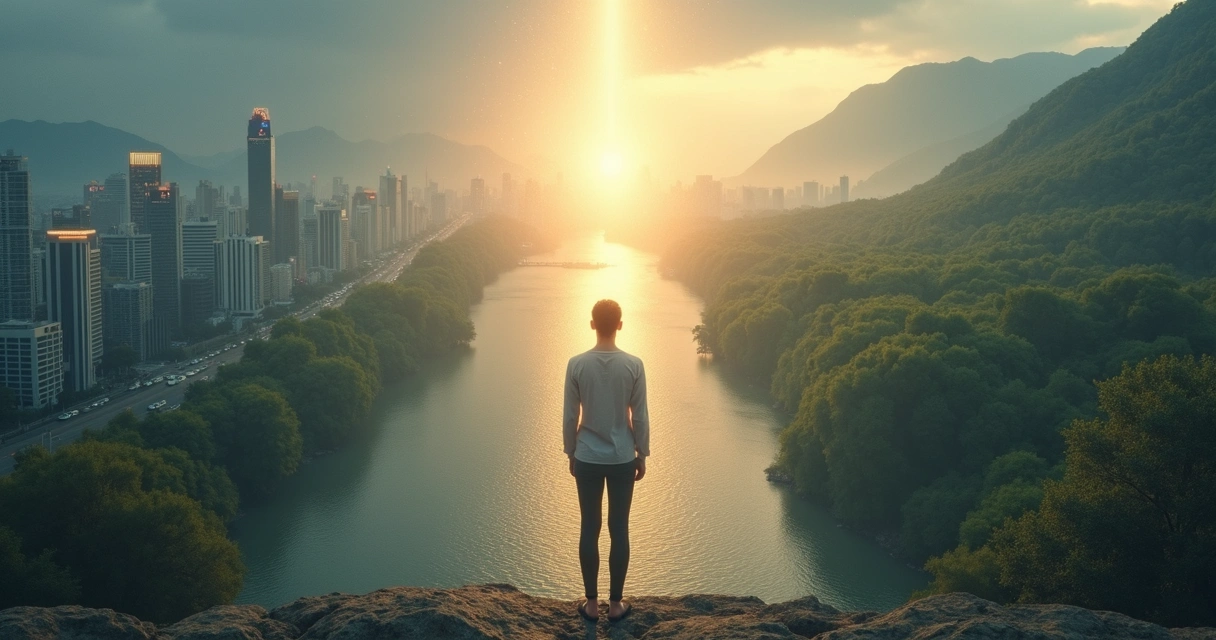 Pessoa em pé entre cidade cinza e natureza vibrante conectada por luz saindo do coração 