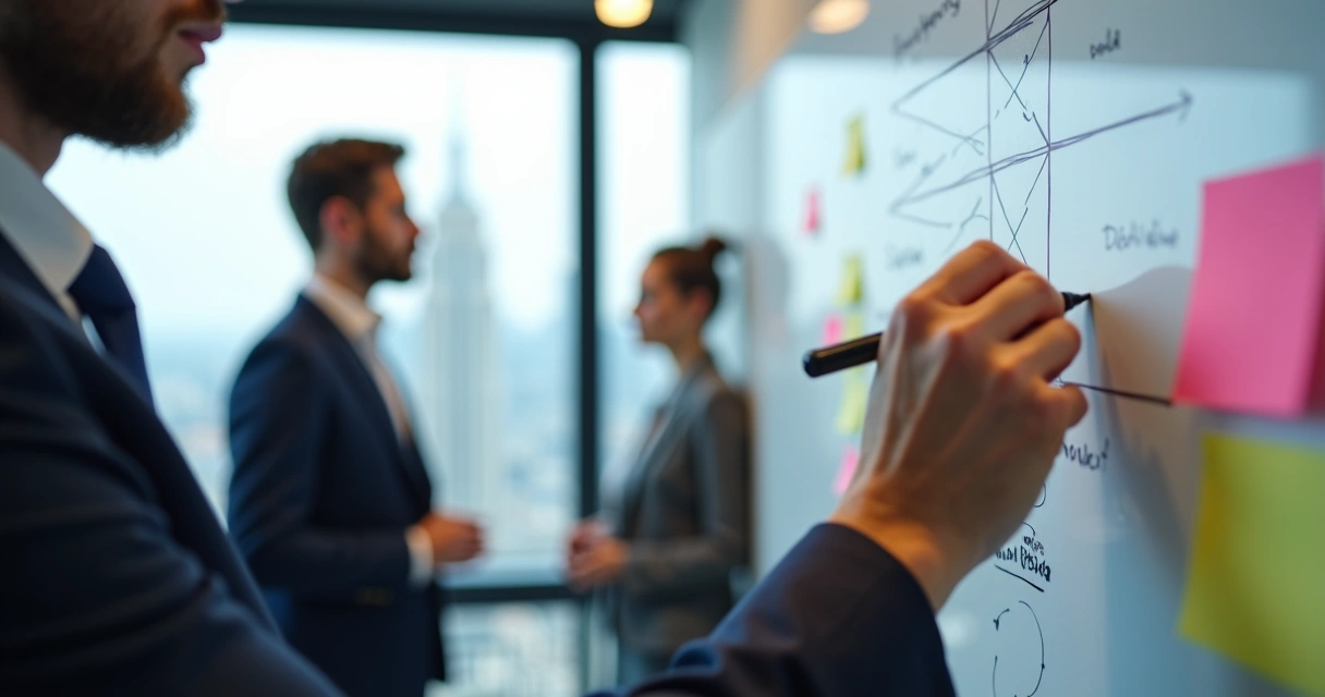 Profissional escrevendo objetivos em quadro branco em ambiente de trabalho tecnológico 