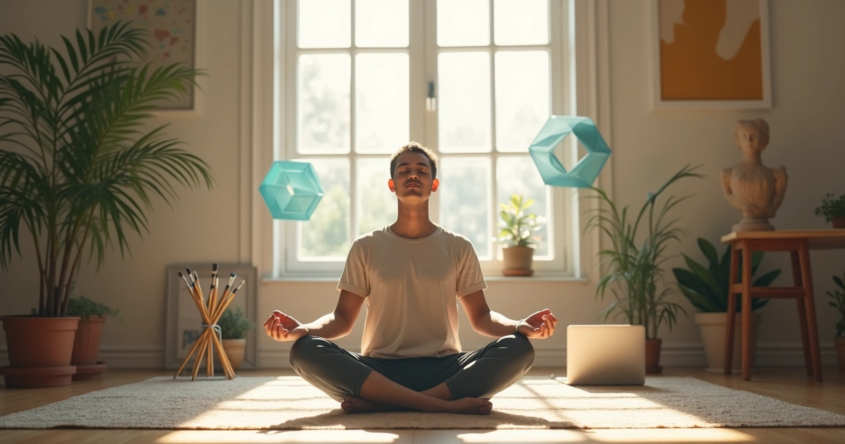 Persona meditando rodeada de elementos creativos y símbolos de balance 