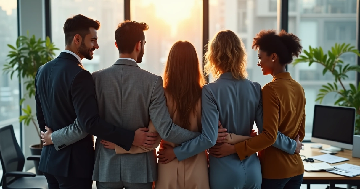 Grupos de pessoas em uma empresa de braços dados em círculo, demonstrando alinhamento e união 