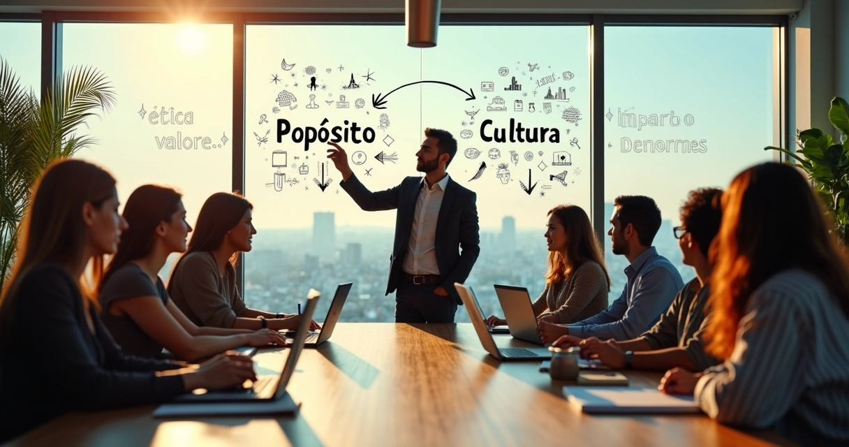 Liderança em reunião conectando propósito e cultura organizacional 