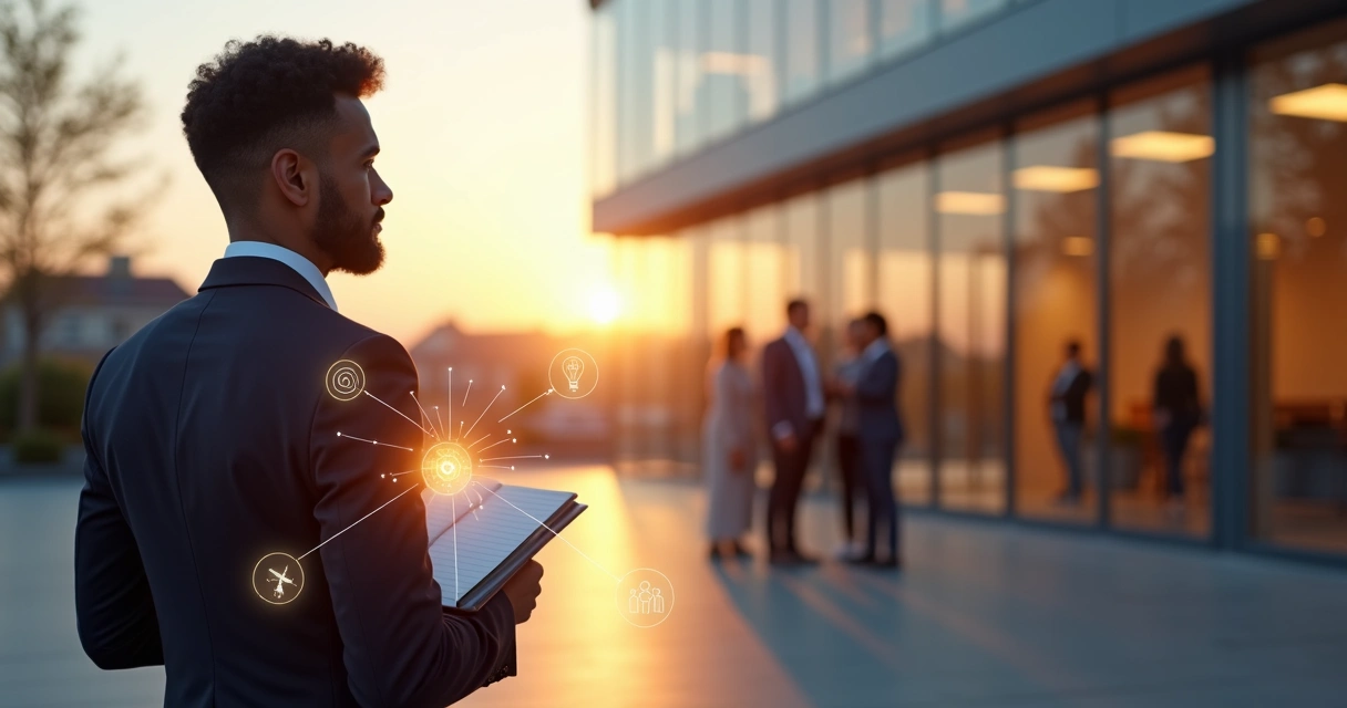Profissional em pé entre equipe e prédio corporativo com ícones conectando propósito pessoal e cultura organizacional 