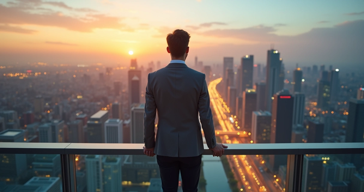 Profissional contemplando cidade ao pôr do sol com caminho iluminado à frente 