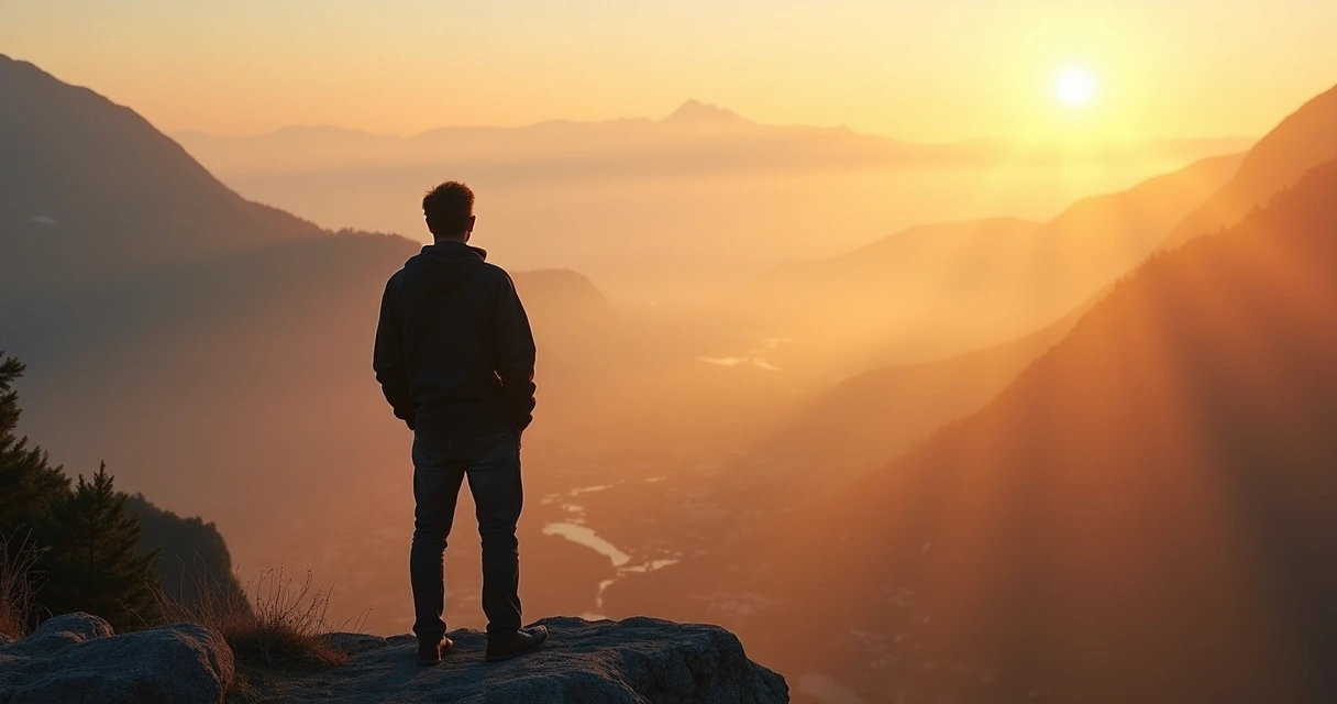 Pessoa de costas olhando horizonte ao amanhecer refletindo sobre escolhas 
