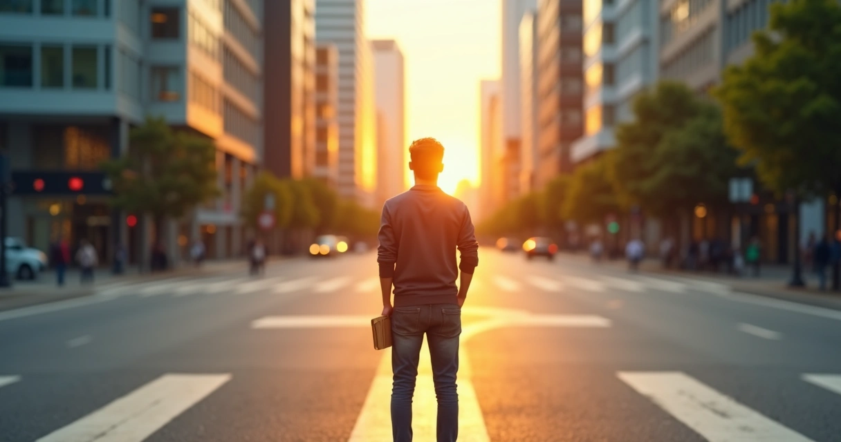 Persona en una encrucijada urbana eligiendo un camino iluminado al amanecer 
