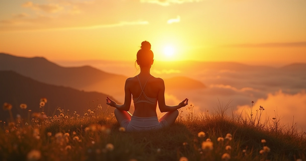 Mujer meditando en la naturaleza al amanecer 