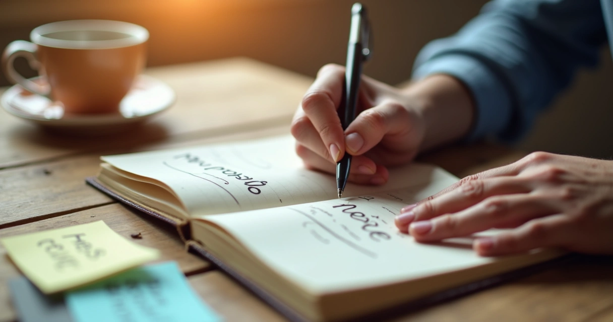 Pessoa escrevendo em caderno sobre mesa de madeira 