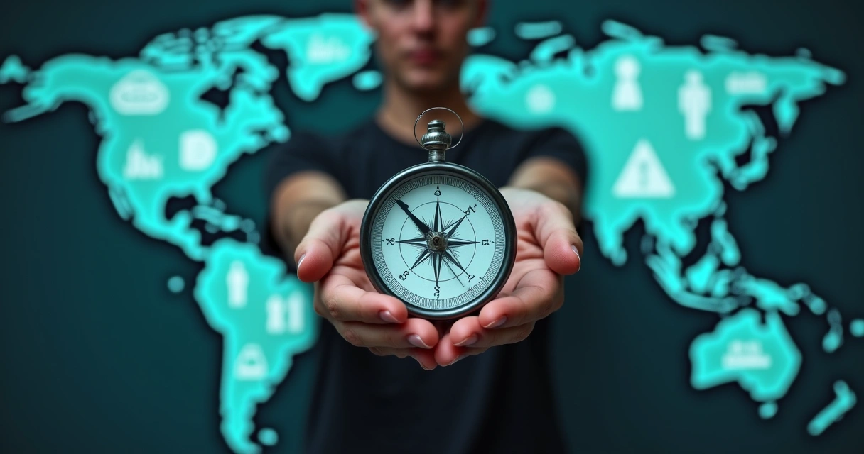 Pessoa segurando uma bússola em um fundo com ícones conectando diferentes partes do mundo 