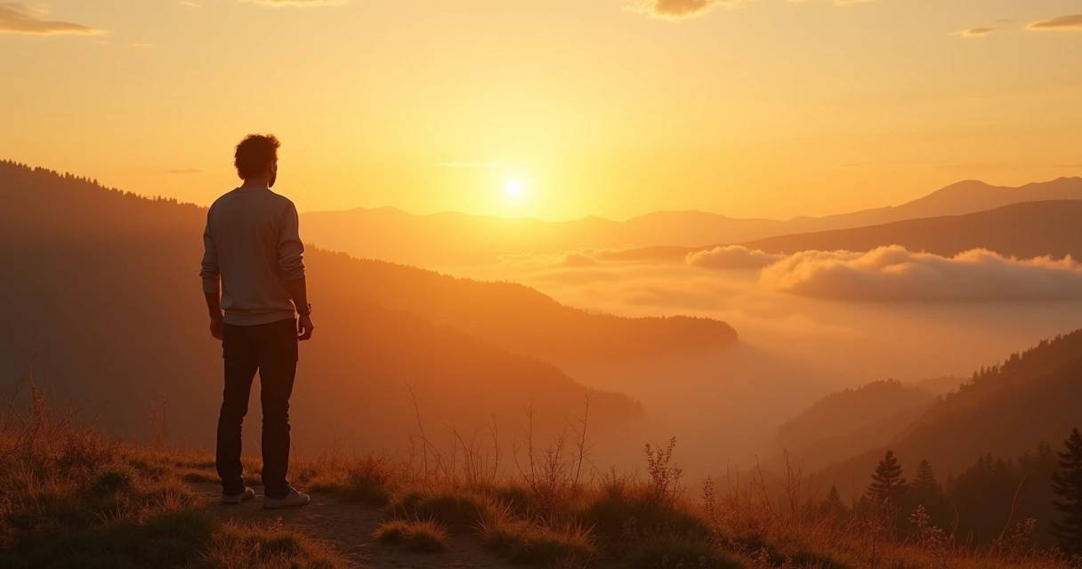 Pessoa em um cenário natural contemplando o horizonte, simbolizando busca por propósito e sentido. 