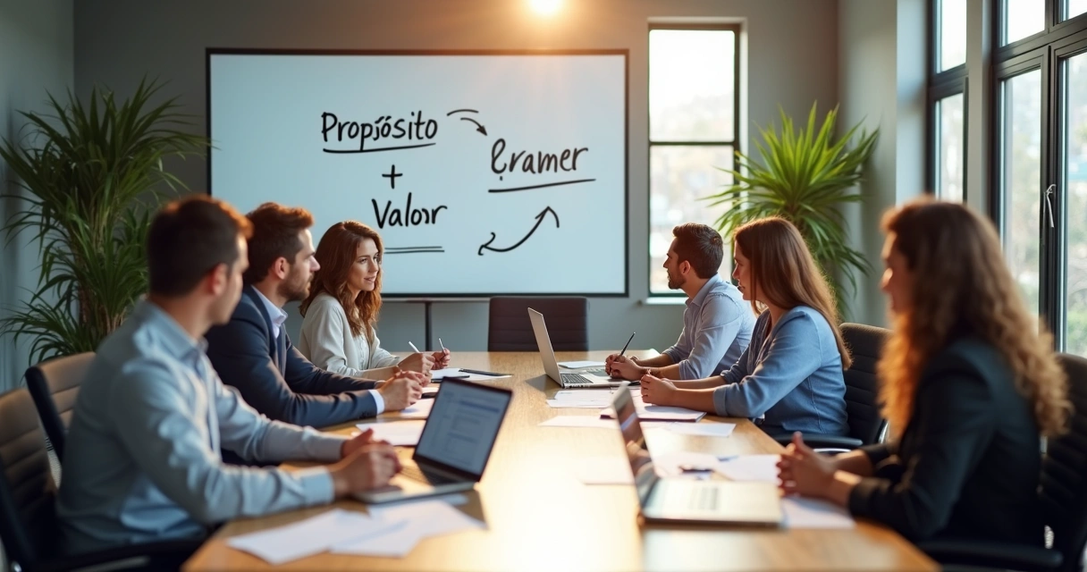 Colaboradores discutindo propósitos em ambiente corporativo