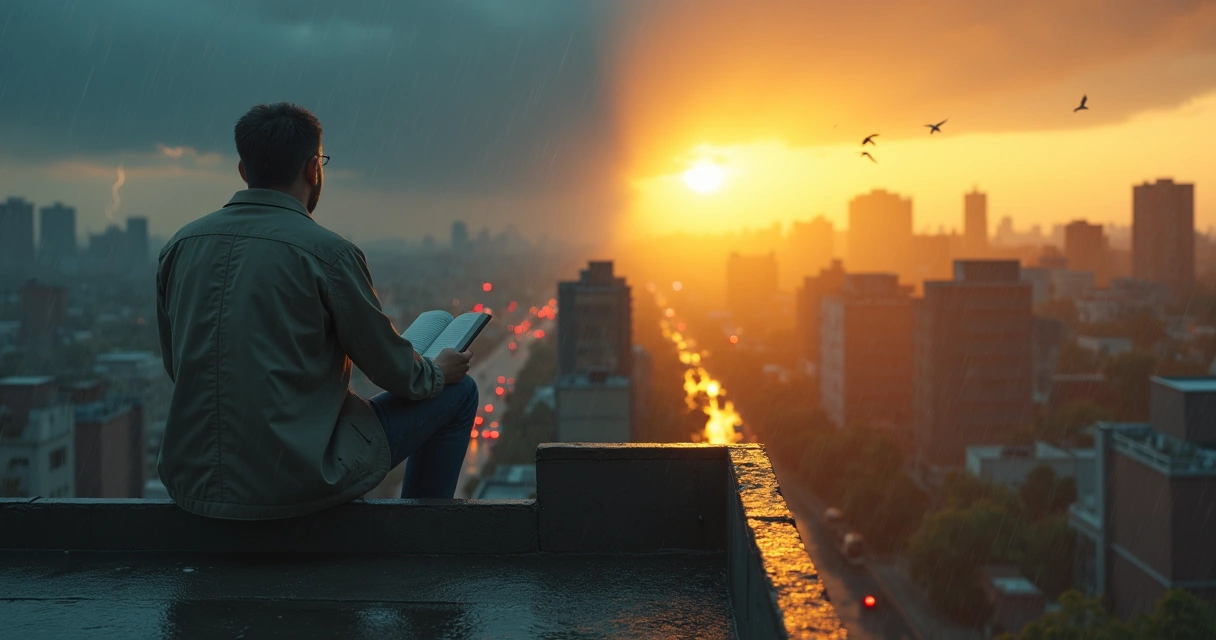 Pessoa solitária em telhado observando cidade parcialmente em tempestade e parcialmente iluminada pelo nascer do sol 