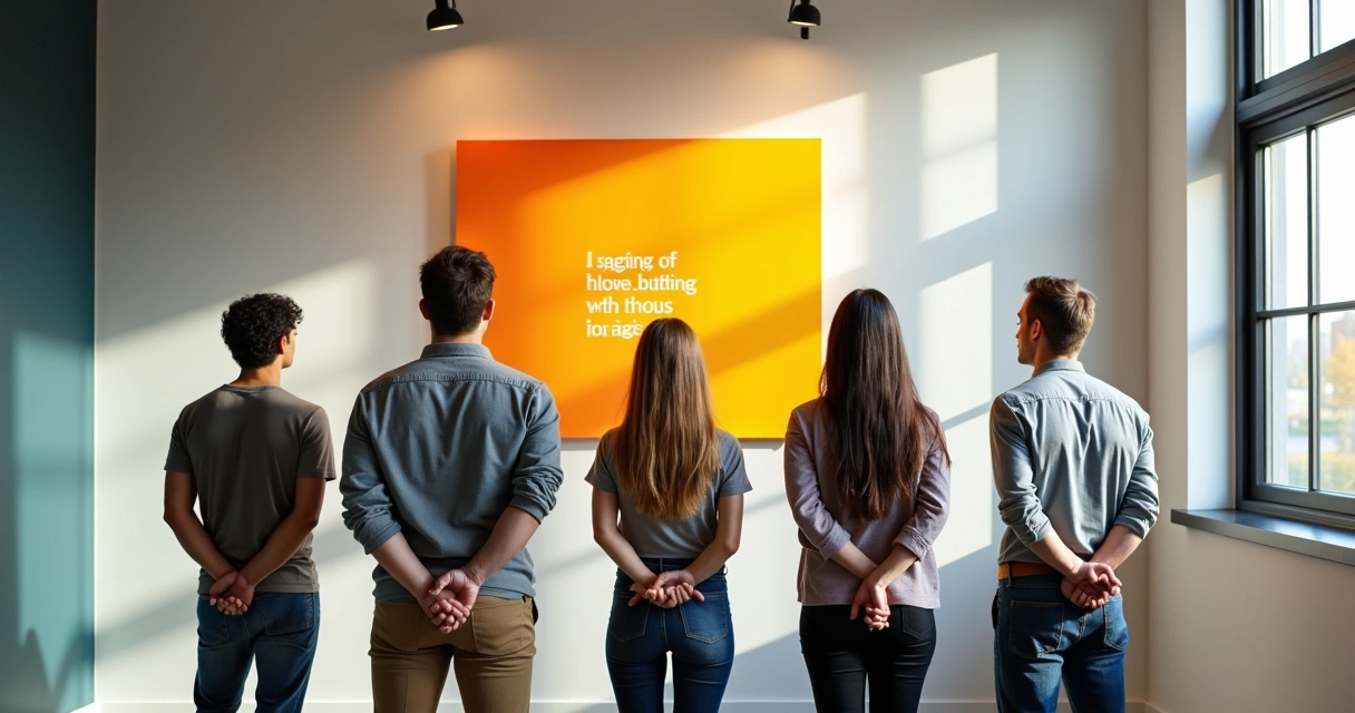 Grupo de colaboradores de mãos dadas olhando para um quadro inspirador na parede