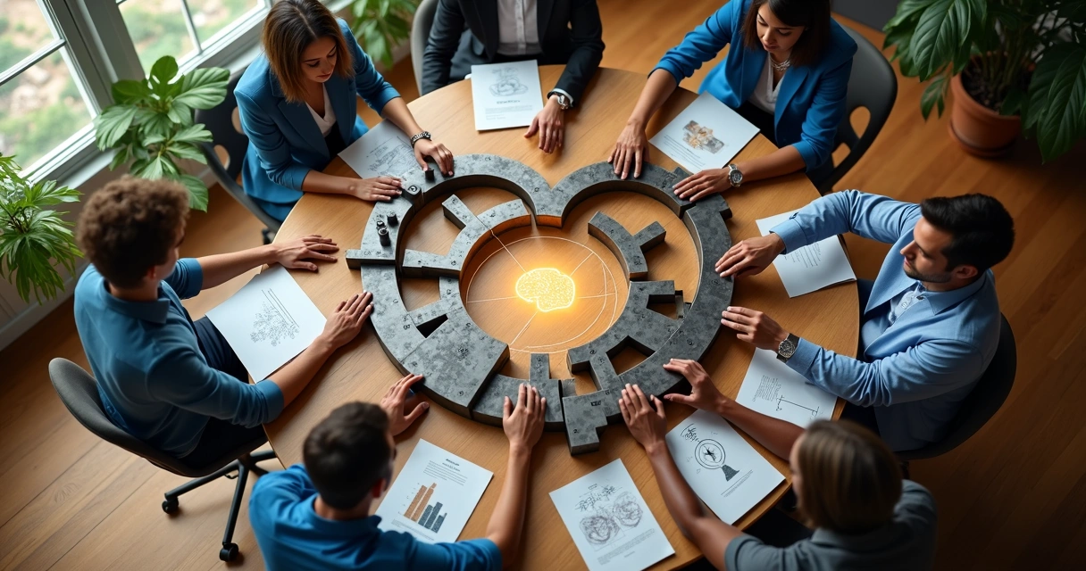 Equipe vista de cima ajustando peças de um grande mecanismo em forma de coração 