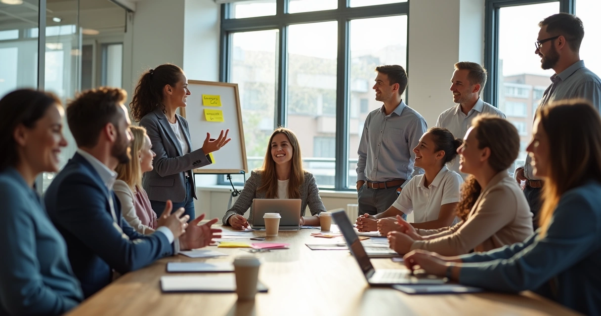 Equipe reunida em círculo, conversando e interagindo em ambiente iluminado. 