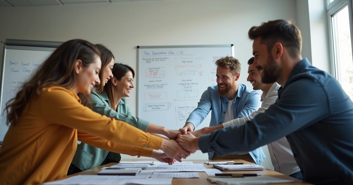 Equipe unida, mãos sobrepostas, foco em objetivo comum 