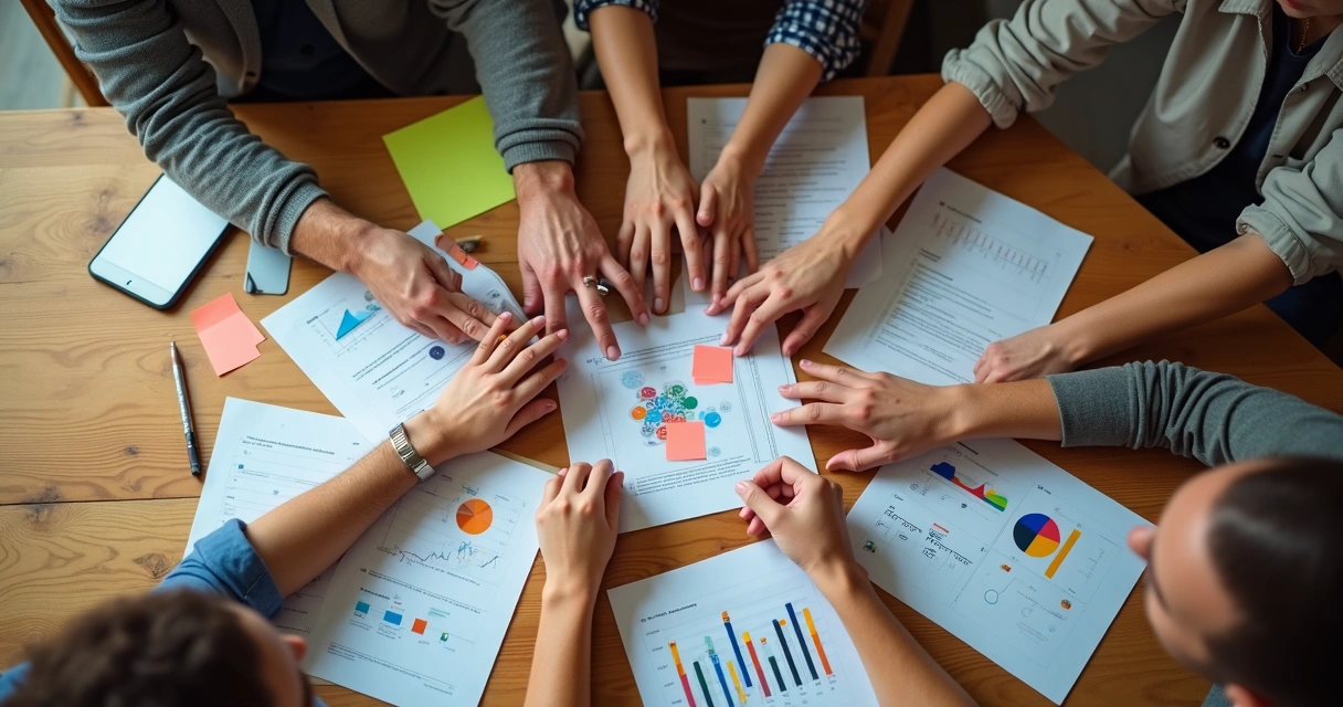 Manos unidas de personas diversas alrededor de una mesa con documentos 