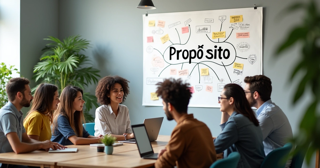 Equipo reunido en círculo, revisando un cartel de propósito en una sala luminosa 