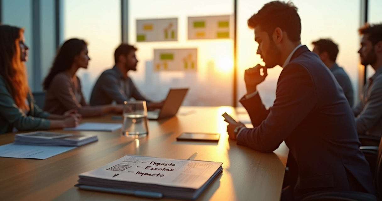 Profissional em mesa de reunião refletindo sobre propósito, escolhas e impacto no trabalho 