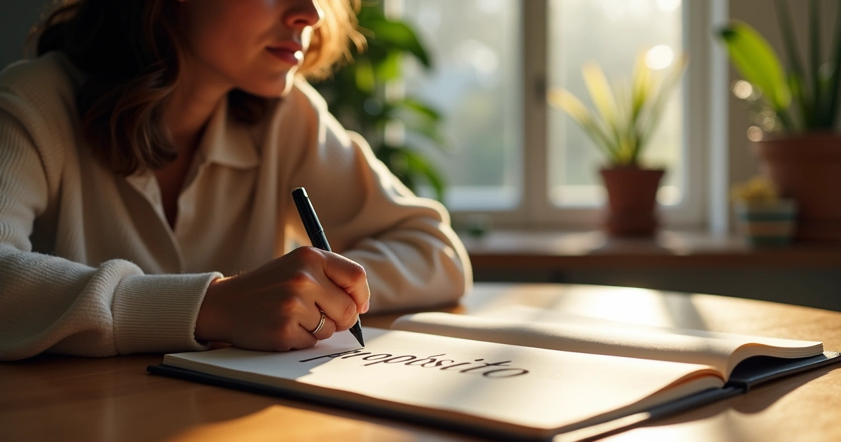 Pessoa sentada à mesa olhando para um caderno, refletindo sobre valores e propósitos