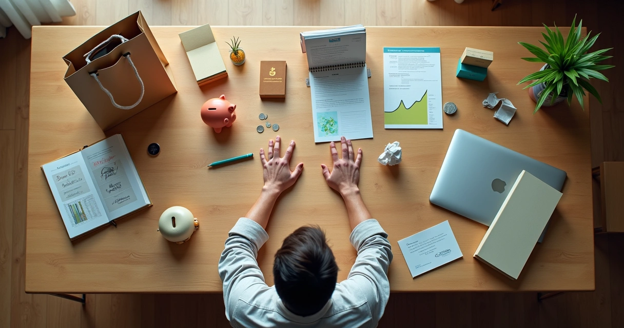 Pessoa escolhe entre consumo impulsivo e contribuições com propósito sobre uma mesa dividida 