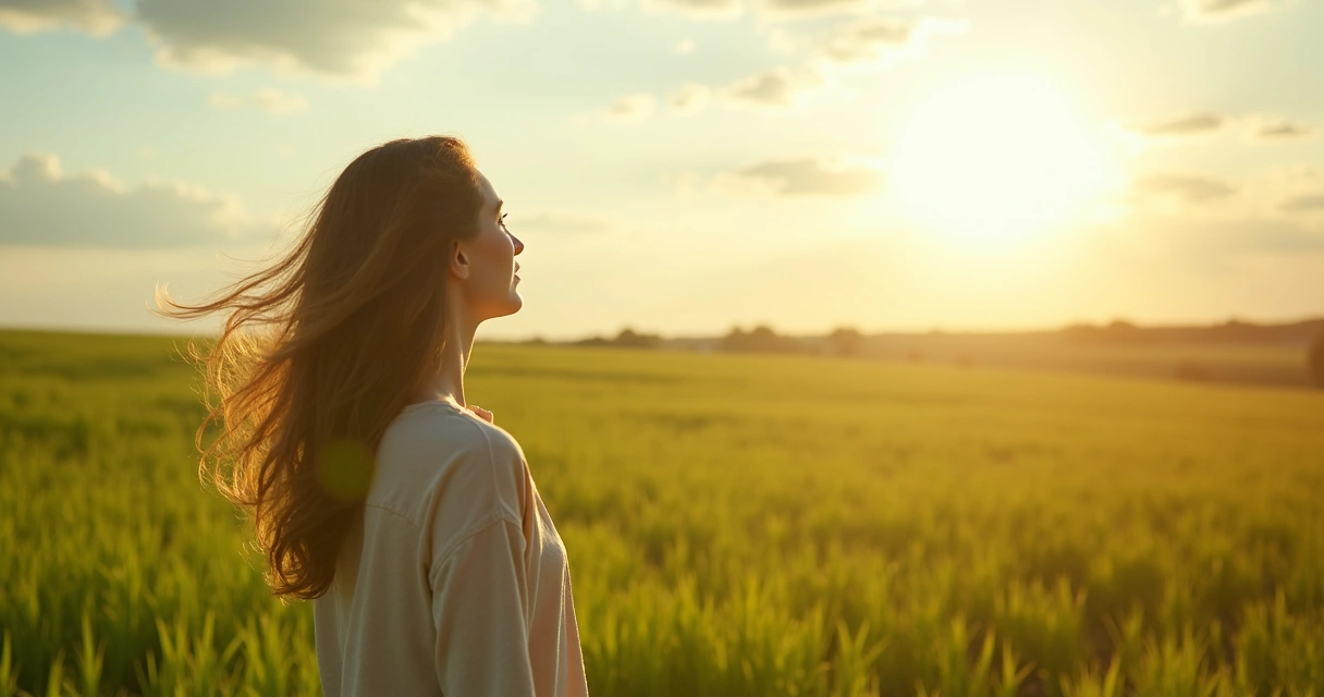Persona al aire libre de pie en un campo, mirando el horizonte bajo el sol 