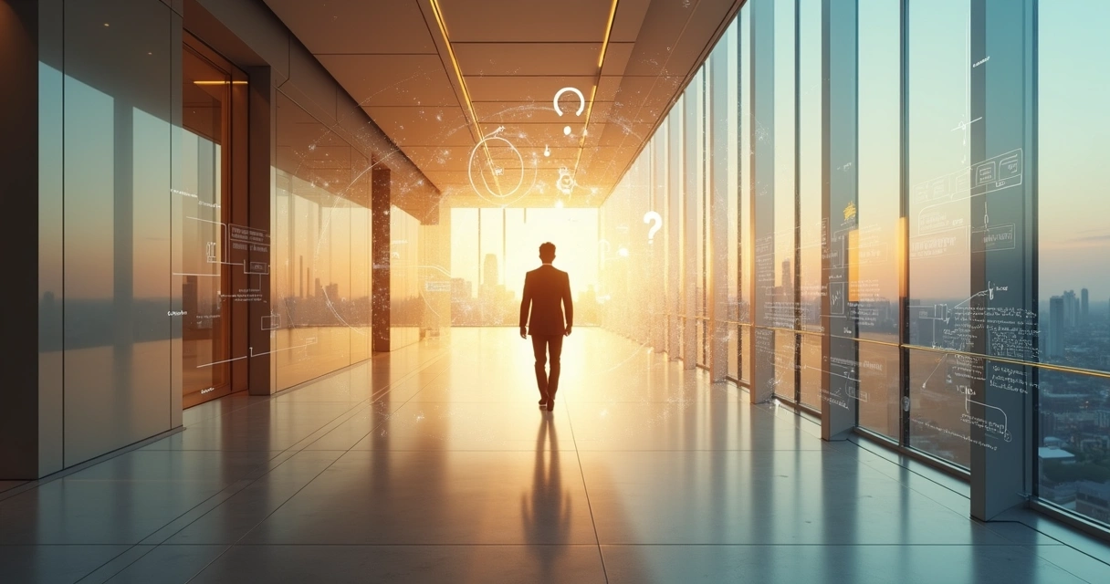 Profissional caminhando em corredor que se transforma em cidade e organograma 