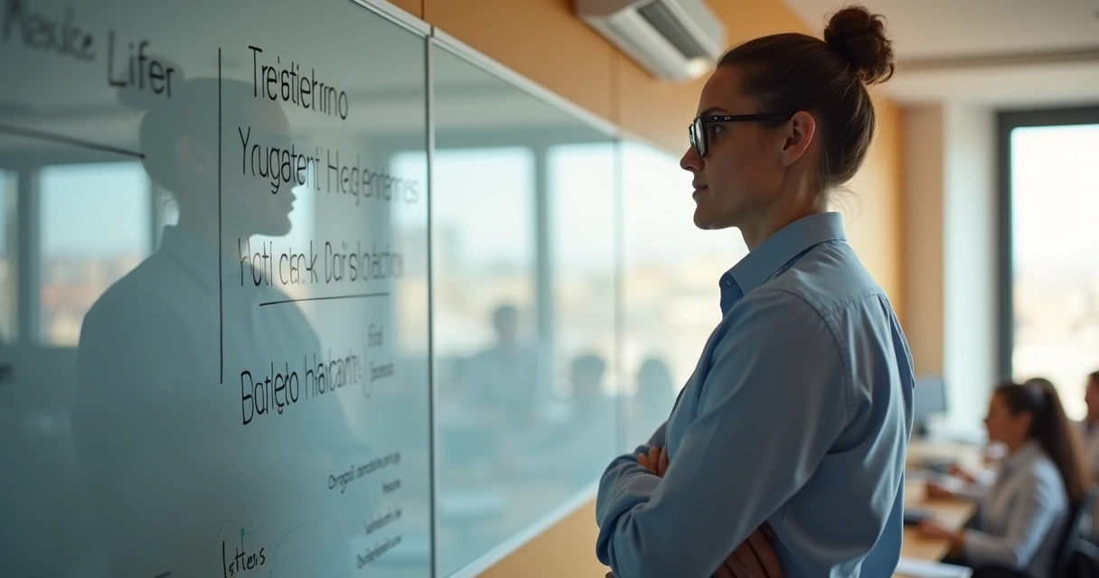 Profissional refletindo em frente a quadro com metas e valores organizacionais