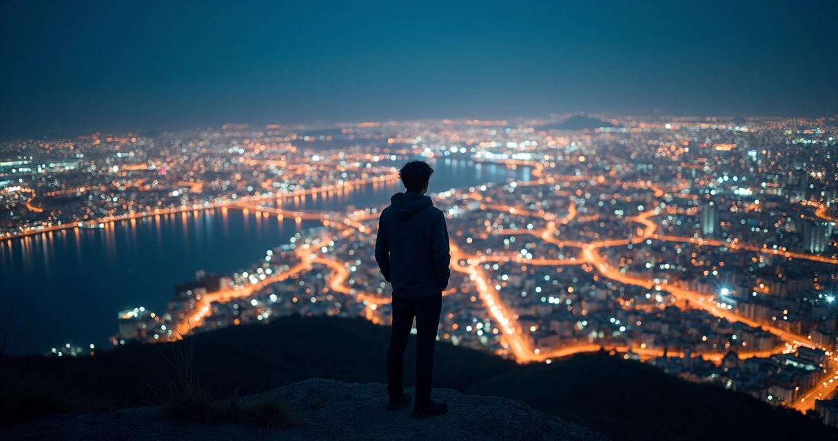 Persona de pie en un lugar alto, observando una ciudad iluminada por la noche 