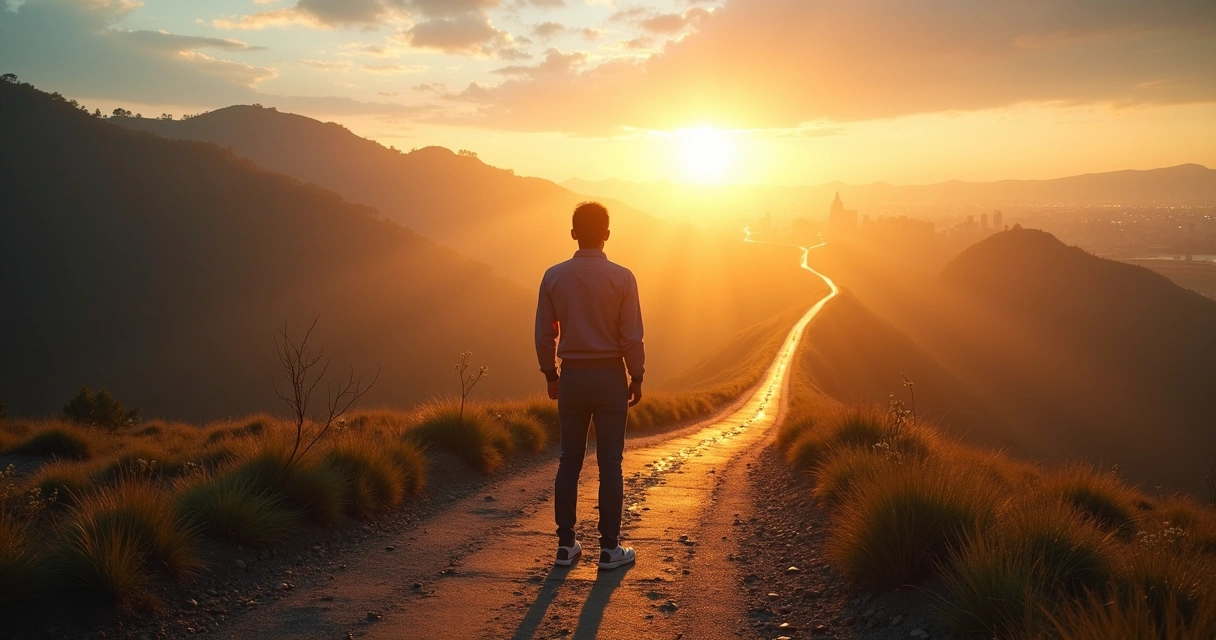 Pessoa em pé em encruzilhada entre caminho individual e coletivo 