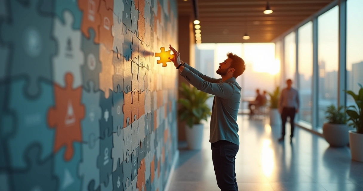 Profissional encaixando peça luminosa de quebra-cabeça em mural com símbolos de empresa 