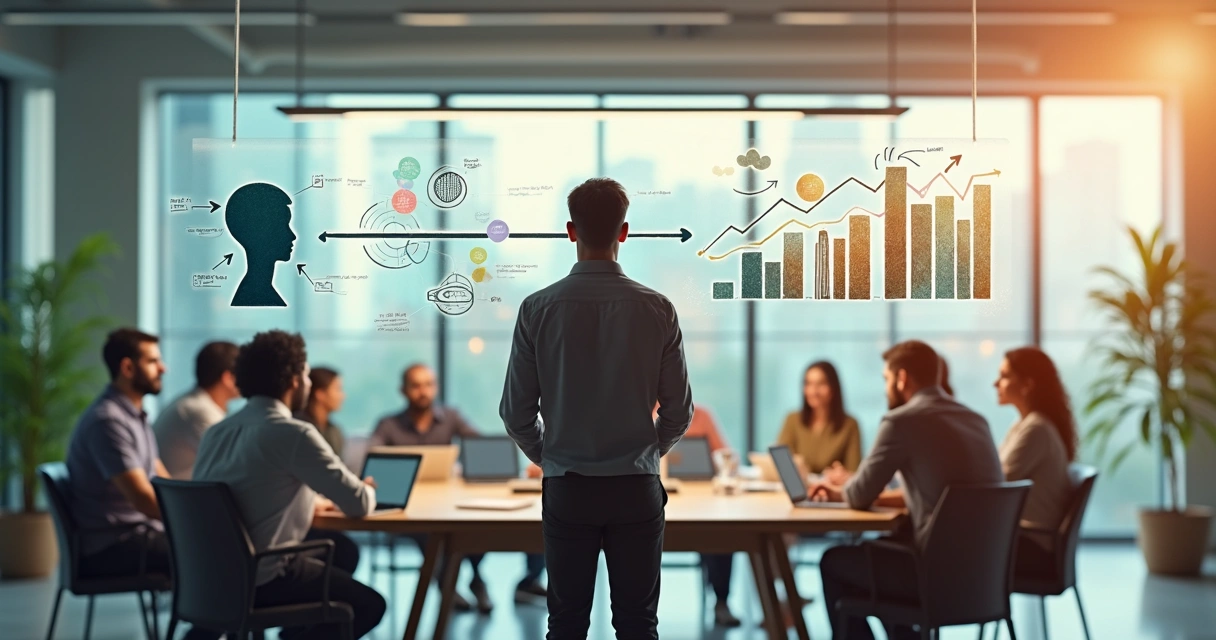 Pessoa em pé diante de mural com símbolos de propósito e metas da organização 