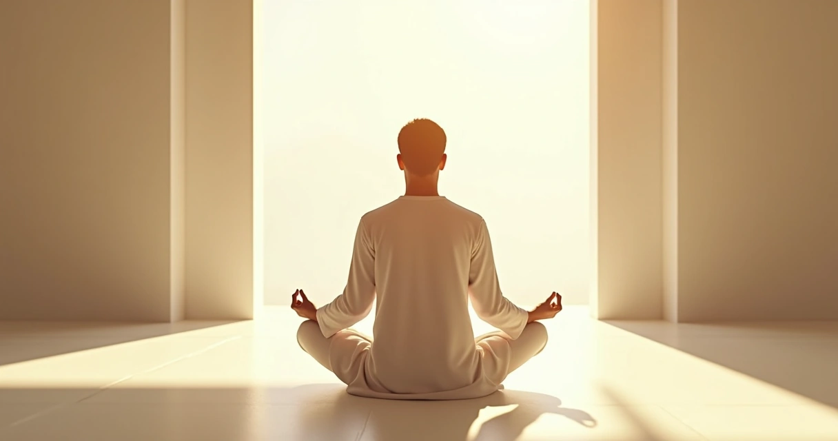 Pessoa sentada em postura de meditação em ambiente sereno e leve 