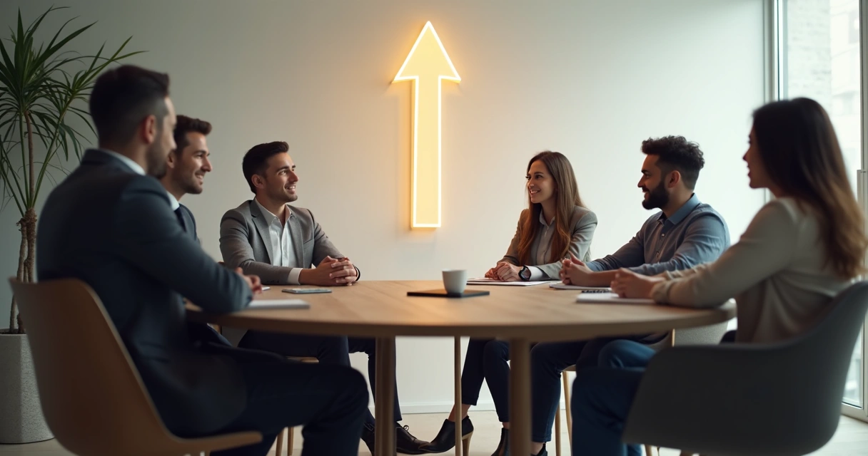 Grupo de personas sentados en círculo compartiendo ideas con símbolos de propósito y unión al fondo 