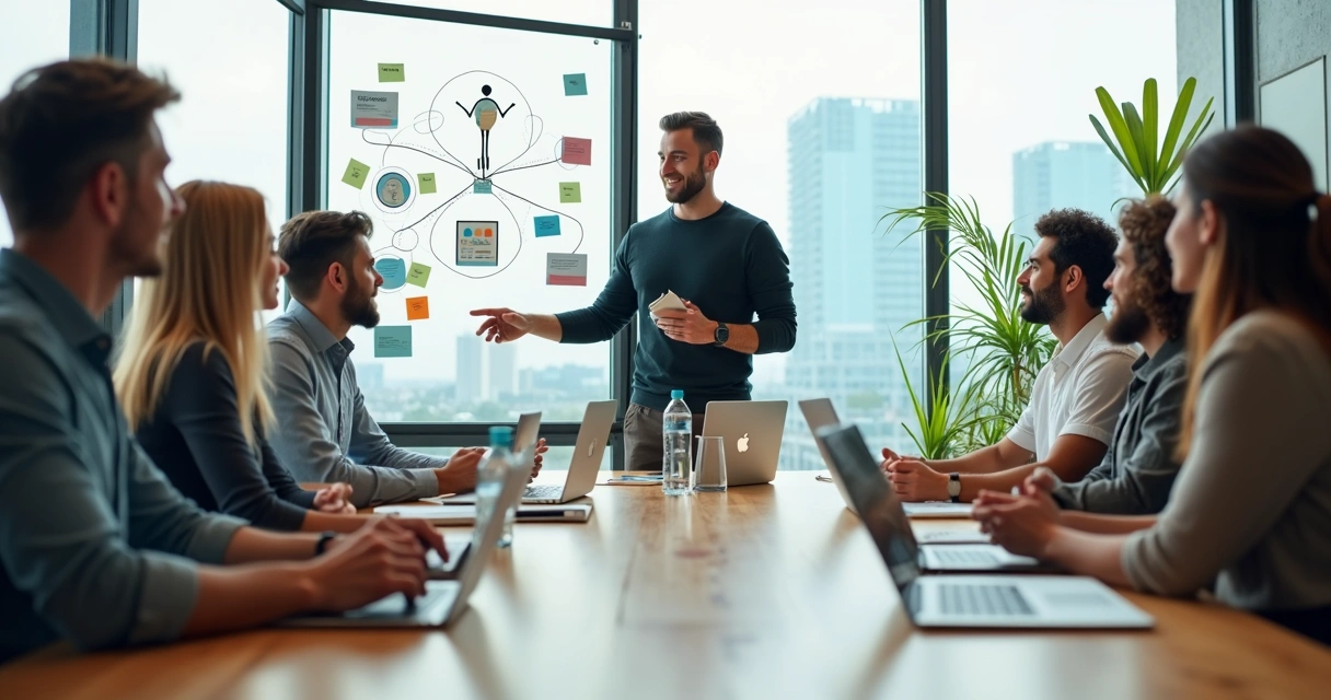Líder em reunião alinhando propósito individual com metas coletivas em um escritório moderno 